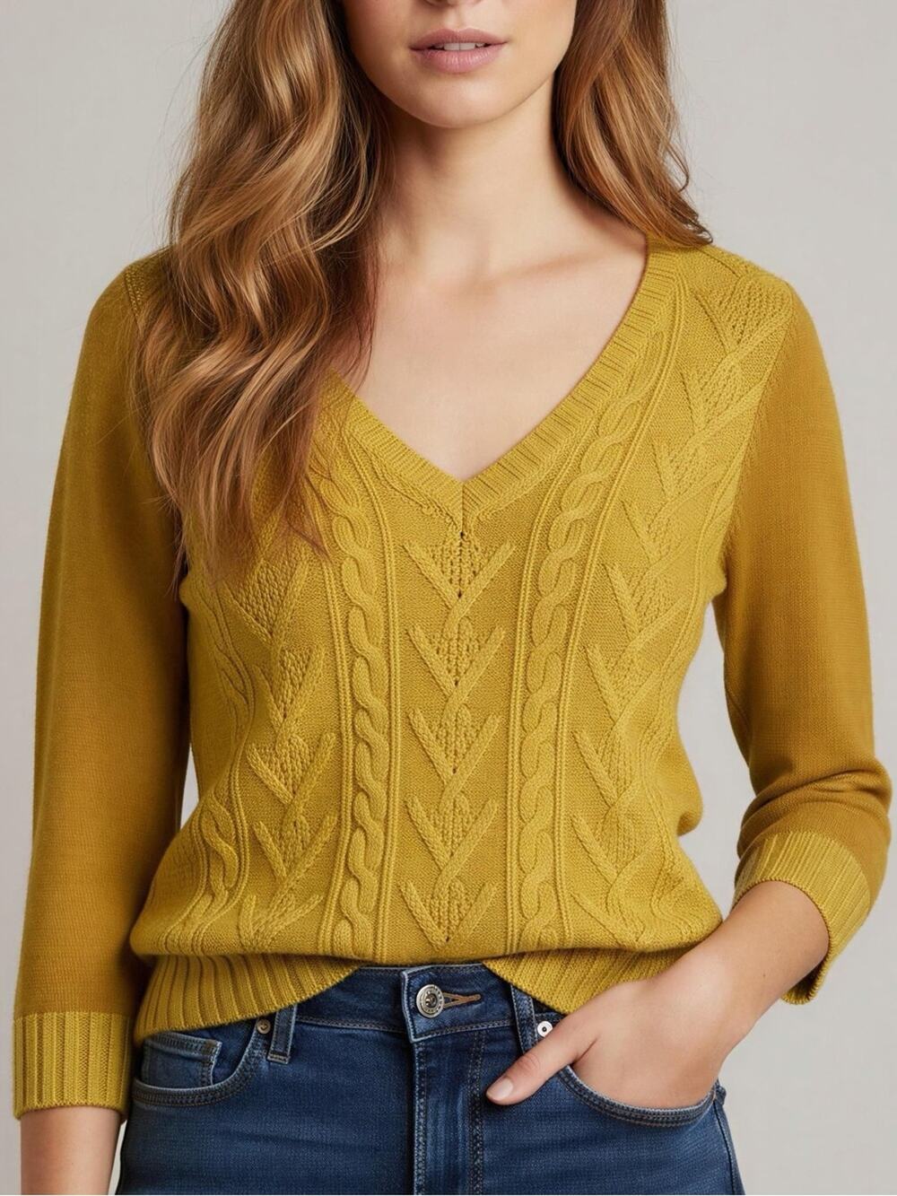 Anthrpologie Pilcro Letterpress Dually Clad Mustard Mixed Media Cable Sweater M